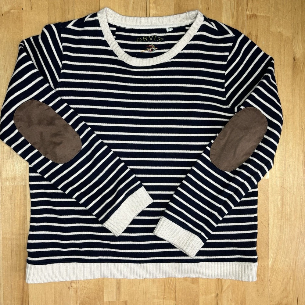 Orvis Sweater Striped Elbow Patches Large Nautical Coastal Fisherman Boxy Preppy
